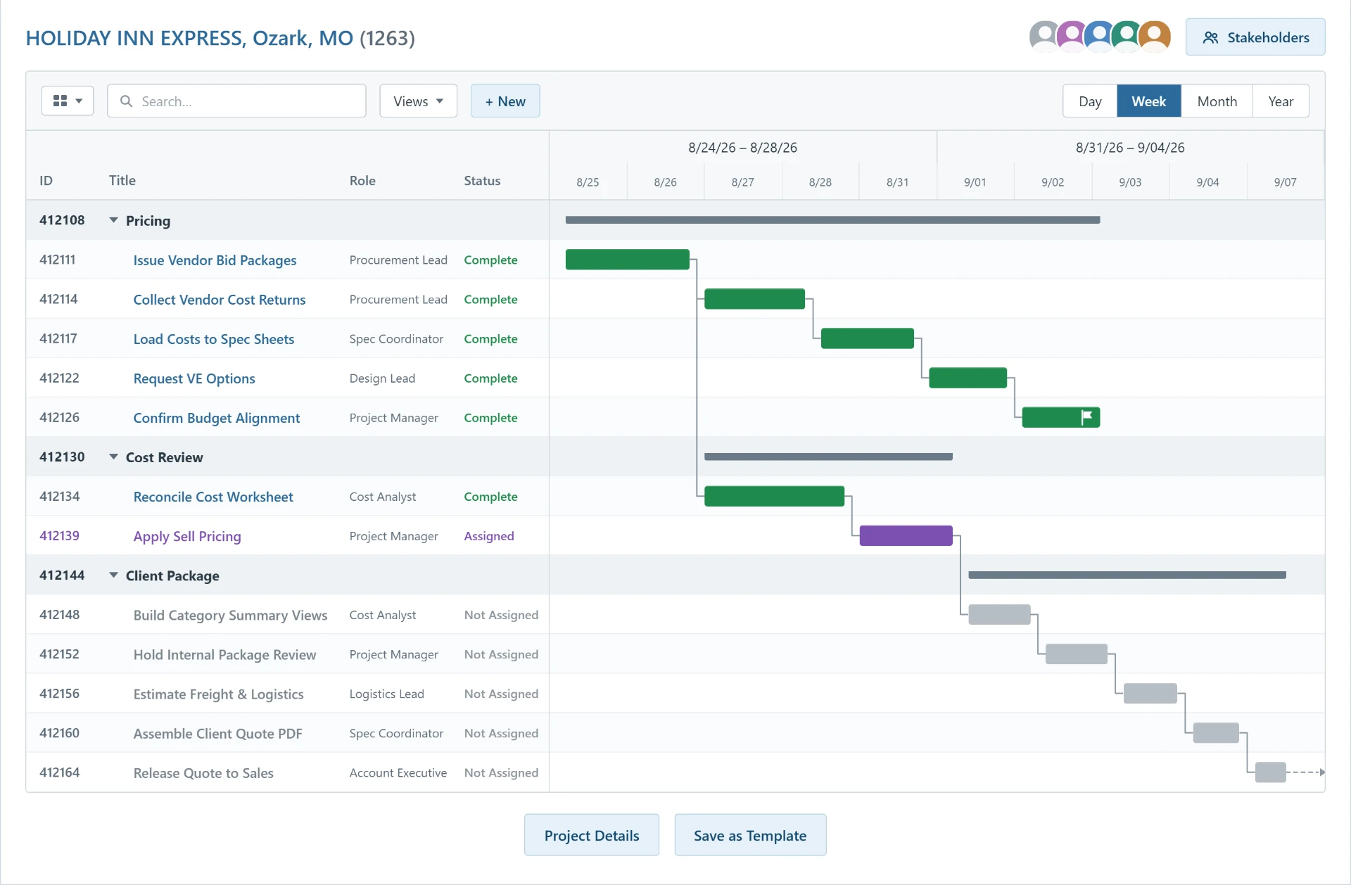 Purlieu project Gantt schedule showing tasks, dependencies, milestones, and owners