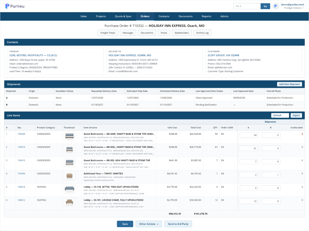 Purlieu purchase order screen for a hospitality project, showing vendor and delivery contacts, shipments, and order line items