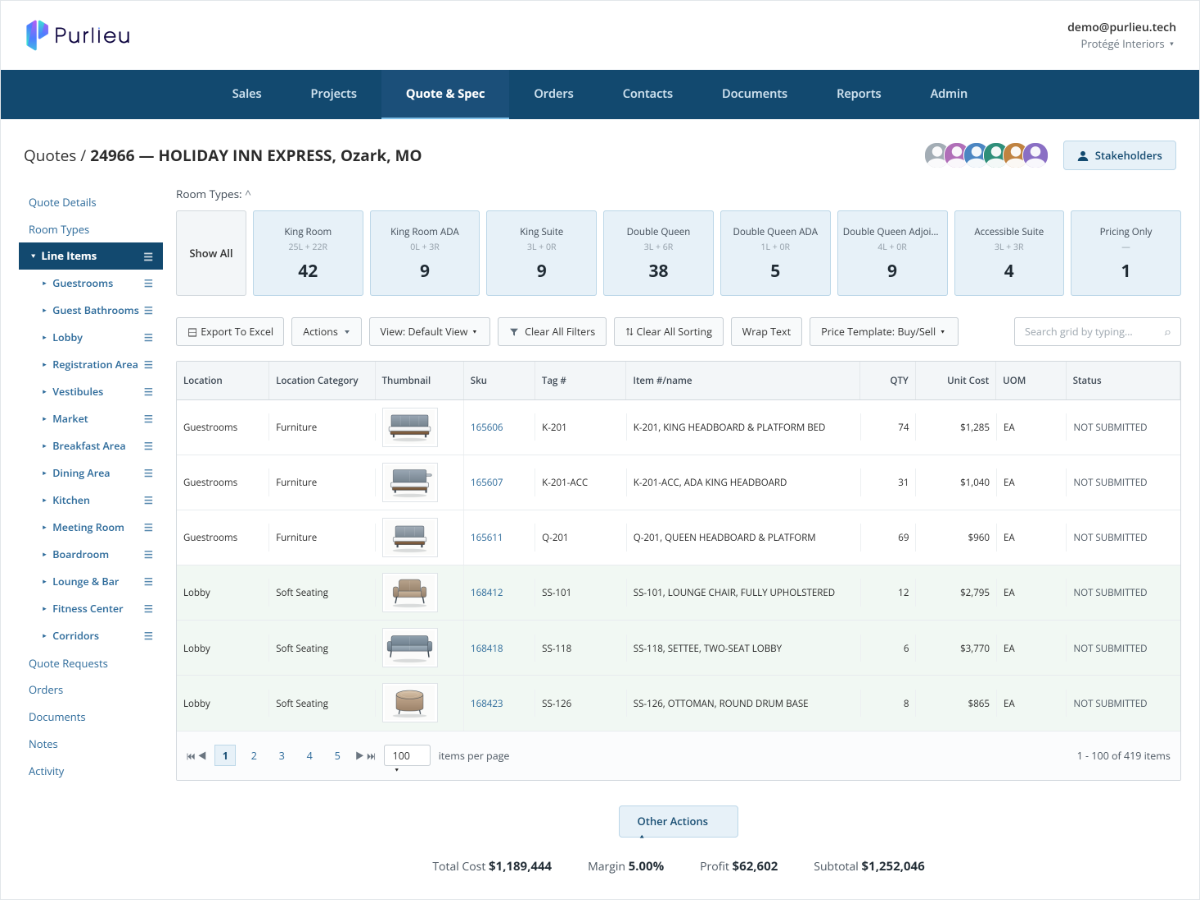 Purlieu quote screen showing FF&E line items with specifications, costs, and pricing