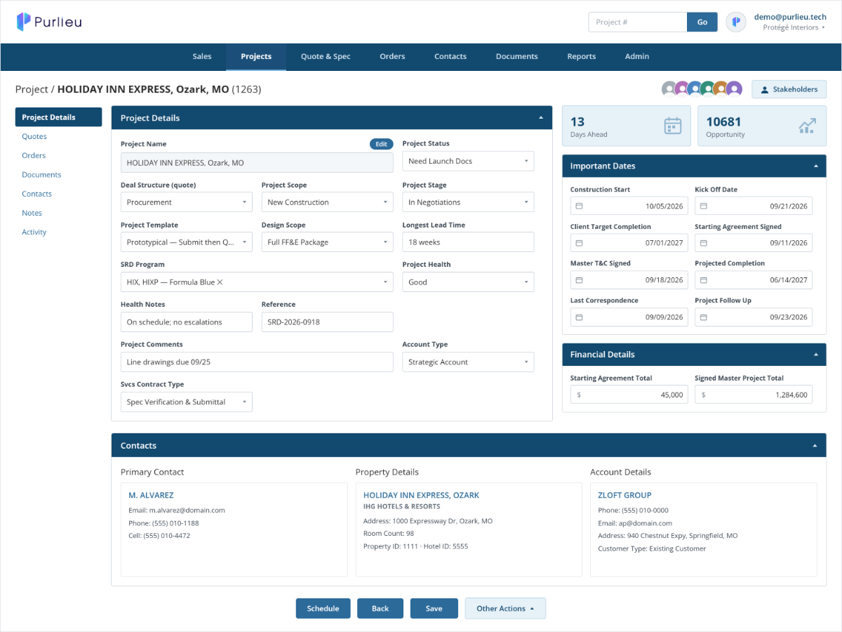 Purlieu project details page showing project fields, important dates, financial details, and contacts.