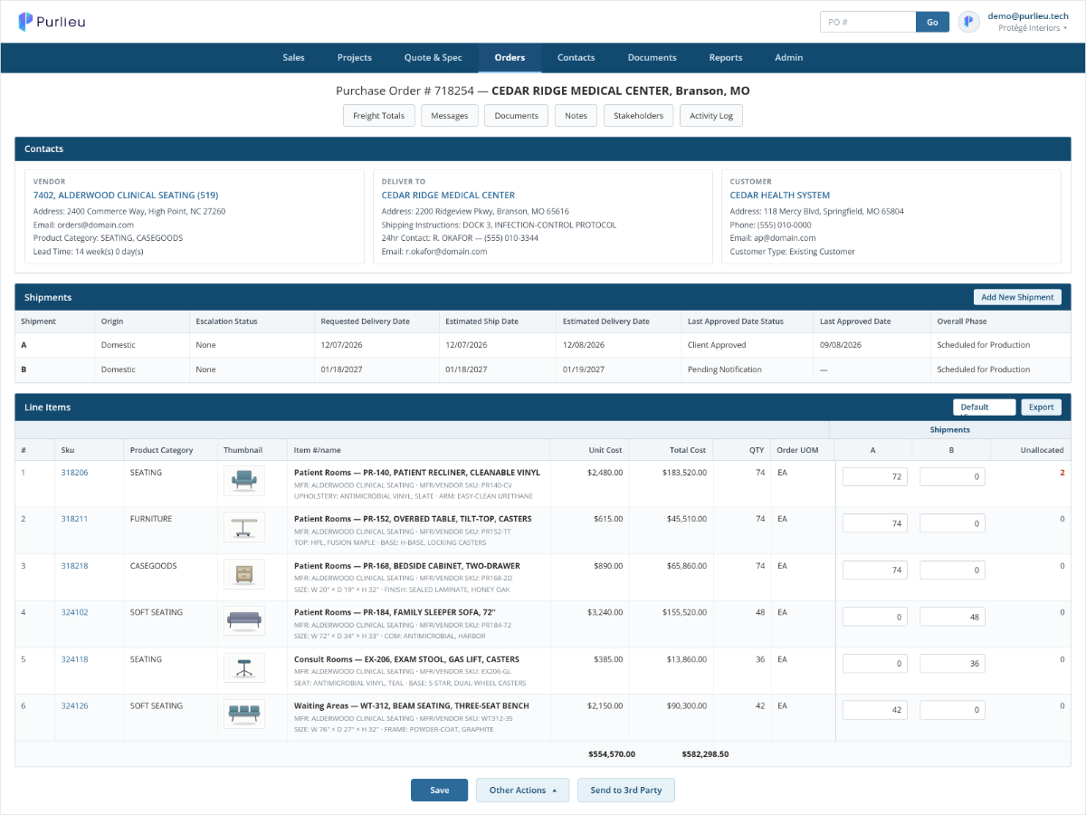 Purlieu purchase order for Cedar Ridge Medical Center showing vendor and delivery contacts, shipments, and order line items with costs.