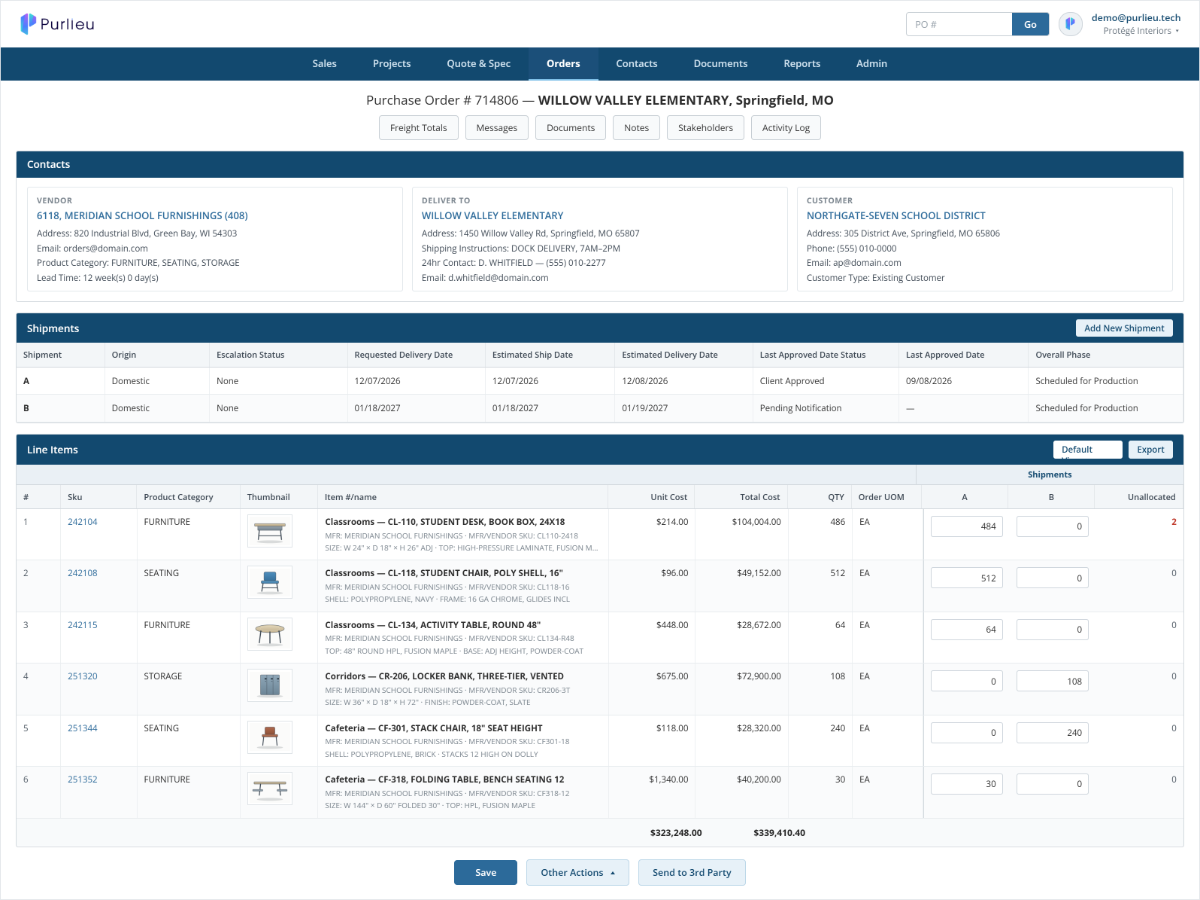 Purlieu purchase order screen for an elementary school project, showing vendor and delivery contacts, shipments, and order line items